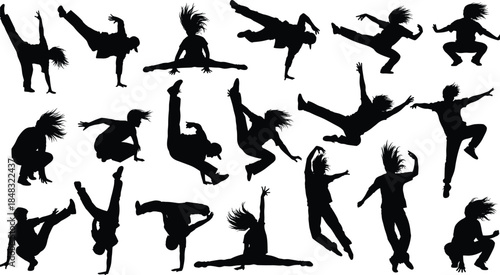 Active Breakdancer Silhouette Vector Illustration, Hip Hop Street Dance Icon Set, Urban Performer Graphics, Parkour and Athletic Jumping Poses, Isolated Dancer Movement Symbols (23 words)