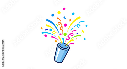 Joyful explosion of colorful confetti and streamers erupting from a festive party popper, a vibrant symbol of celebration, success, and happy events