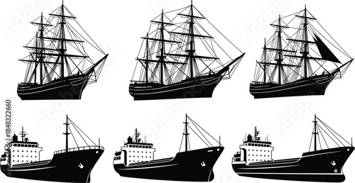 featuring frigate silhouettes for maritime transport, history, global trade, and nautical travel design.