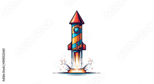 Dynamic cartoon rocket launching, an illustration representing successful project startups, business growth, and innovation. Symbolizing ambition, progress, and future achievements