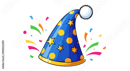 Blue party hat with yellow polka dots, stars, white pom-pom, and colorful confetti, symbolizing joy, celebration, birthdays, and festive events