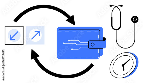 Digital payments, financial management, health tech, telemedicine, time tracking, secure transactions. A digital wallet, stethoscope, clock and arrows illustrate tech and finance connections