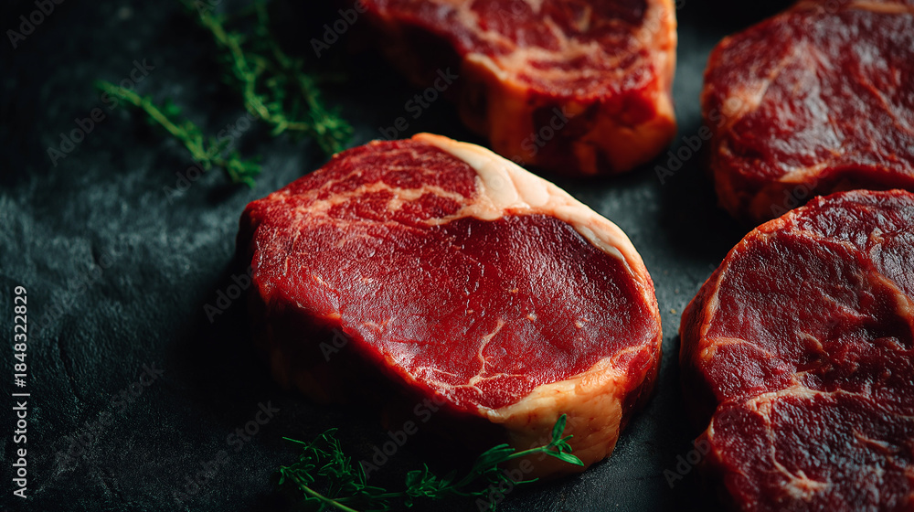 Fototapeta premium Fresh Cuts of Prime Steak: A close-up shot showcasing raw, juicy steak cuts arranged enticingly, displaying the rich texture and vibrant color. The image is a visual feast.