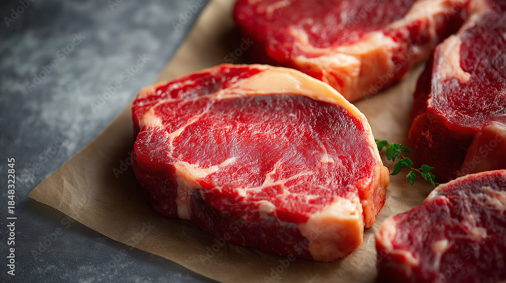 Obraz premium Fresh Cuts: A mouthwatering display of fresh, raw steaks, ready for grilling, showcasing the quality and texture of the meat on a rustic surface.