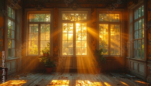 Sunlight Streams Through Windows in an Abandoned Old Room