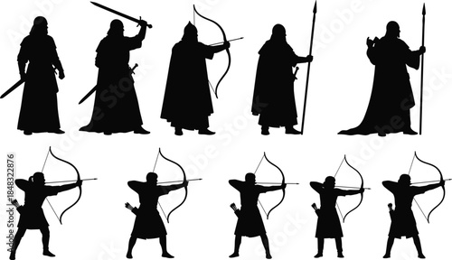 featuring swordsmen, spearmen, and archers in battle poses for medieval or ancient history, fantasy games, and epic adventure design.featuring swordsmen, 