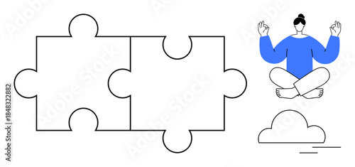 Mindfulness, problem-solving, relaxation, mental clarity, creativity, stress relief. Puzzle pieces beside a meditating person and cloud. Mindfulness and problem-solving visual