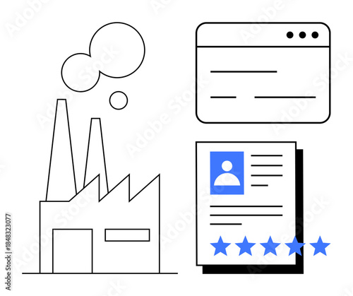 Factory with chimneys emitting vapor, user interface window, and 5-star-reviewed user profile. Ideal for industry trends, web design, quality assurance, customer feedback, usability testing, business