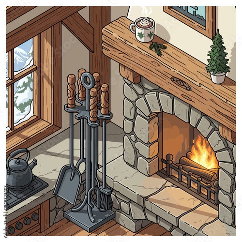 Cozy rustic living room with stone fireplace and vintage decor for winter evenings