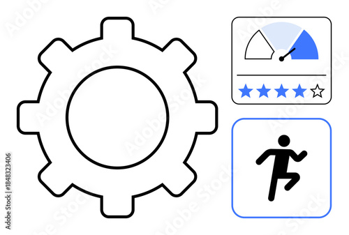 Efficiency concept. Gear symbol, performance meter, and running figure illustrate efficiency, productivity, and streamlined processes. Efficiency in business, mechanics, health apps sports