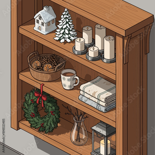 Cozy wooden shelf decorated for winter with holiday accessories and candles