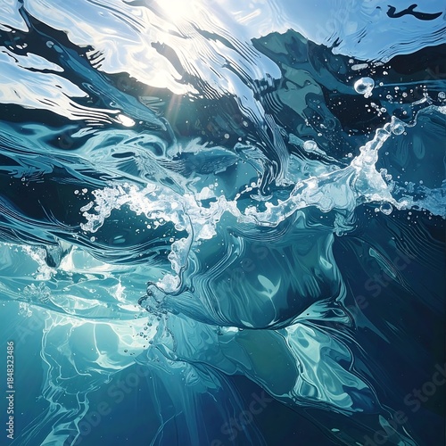 Sunlight Through Clear Water with Dynamic Ripples and Bubbles