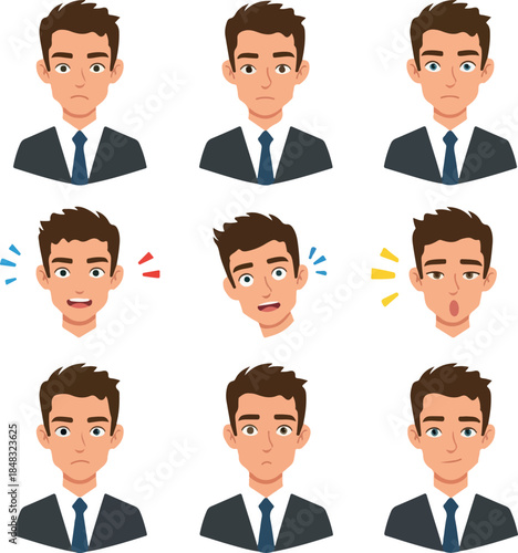 Businessman Emotions Flat Design Set Blue Suit Tie Dark Hair