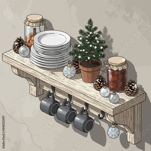 Festive holiday table decor with plates, pine tree, ornaments, and jars of cookies and chocolates