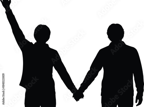 Silhouette, people, holding hands, unity, support, partnership, gesture, protest, connection, minimal, vector, black, standing, pose, relationship, solidarity, icon, illustration, emotion, 