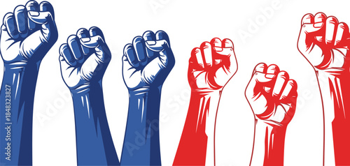 Raised, fists, illustration, symbolizing, unity, protest, activism, freedom, solidarity, revolution, power, strength, democracy, resistance, vector, art, graphic, design, poster, concept