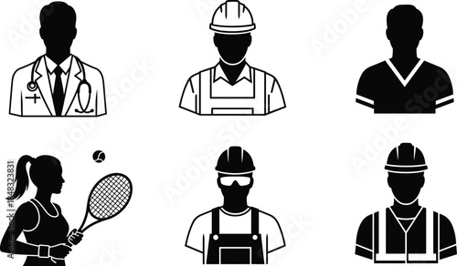 Professional occupation silhouettes set featuring doctor engineer athlete worker builder technician diverse careers icons isolated white background vector illustration collection