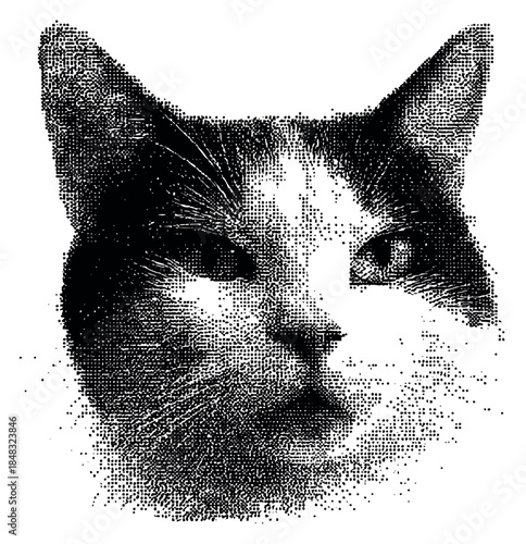 Vintage cat face illustration with halftone dots black and white pointillism vector illustration