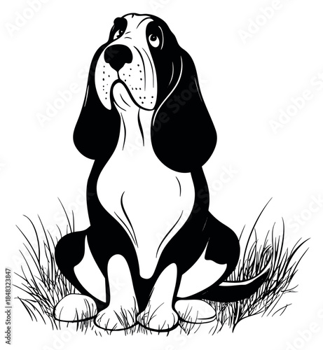 Cute dog illustration with basset hound sitting in grass black and white sketch vector illustration