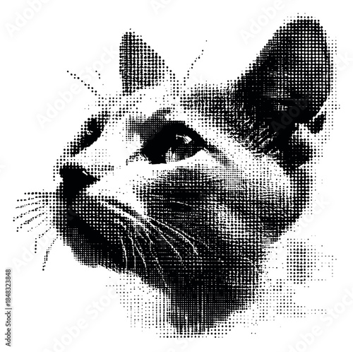Minimal cat portrait with halftone dots black and white vector illustration