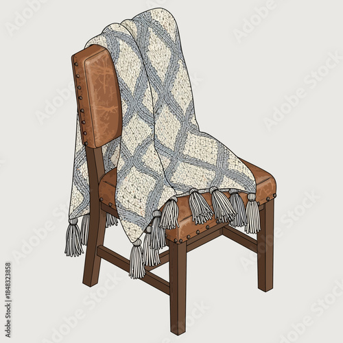 Rustic wooden chair with a cozy gray and white woven blanket draped over it perfect for a warm