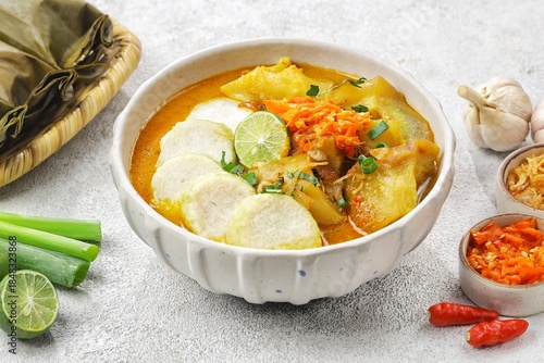 Fényképezés lontong kikil surabaya complete with chili sauce with yellow sauce