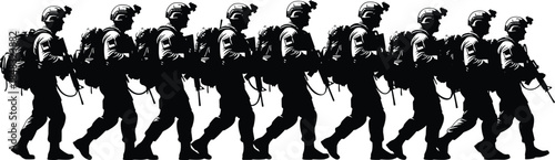 soldiers, military, army, silhouette, rifle, combat, patrol, war, defense, helmet, teamwork, formation, discipline, battlefield, tactical