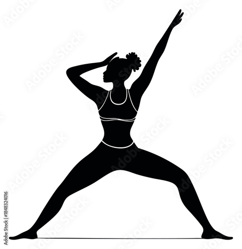 Silhouette of woman in warrior yoga pose black and white line art
