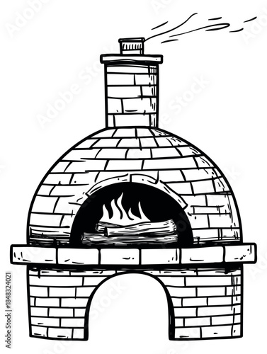 Brick oven with chimney and fire hand drawn sketch vector illustration