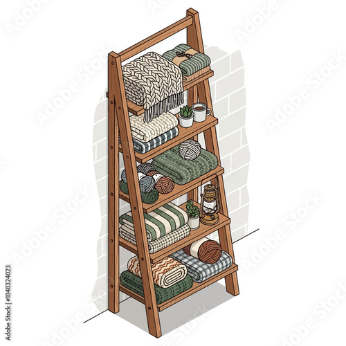 wooden ladder shelf filled with neatly folded towels and decorative items in a cozy bathroom corner