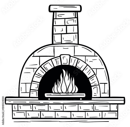Simple brick outdoor oven with fire hand drawn outline illustration