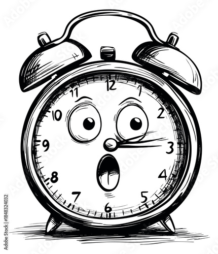 Hand drawn alarm clock with surprised face outline vector illustration