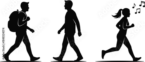 Silhouette, walking, running, backpack, music, motion, activity, casual, commute, exercise, posture, minimal, vector, black, illustration, dynamic, lifestyle, movement, icon, energy