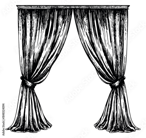 Vintage curtain set with tied drapes black and white sketch vector illustration