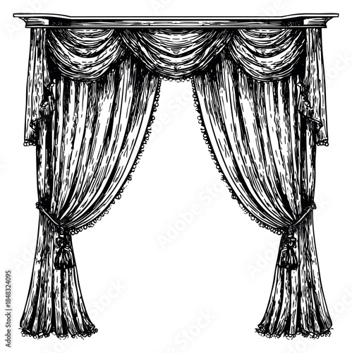 Vintage theater curtain set with swag valance and tassels hand drawn sketch vector illustration
