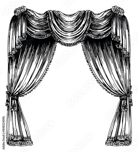 Vintage theater curtain collection with draped fabric and tassels black and white sketch vector illustration