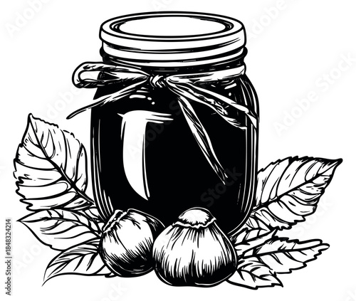 Jar of hazelnut jam with hazelnuts and leaves hand drawn sketch vector illustration