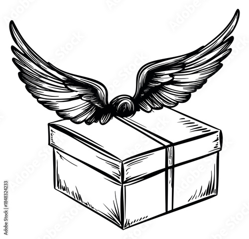 Black and white gift box with wings hand drawn sketch vector illustration