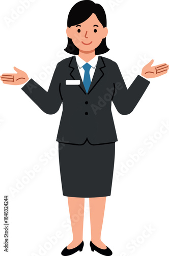 Businesswoman In Dark Suit And Blue Tie Gesturing Welcomingly