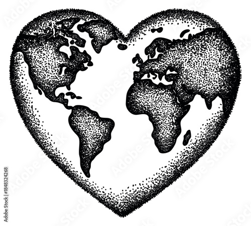 Vintage world map in heart shape with continents black and white dotwork