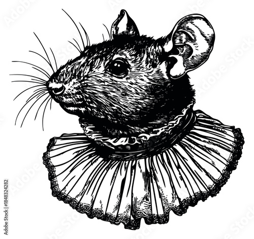 Vintage rat portrait with ruff collar black and white sketch vector illustration