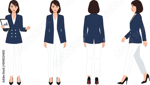 Businesswoman, illustration, suit, tablet, walking, standing, front, side, rear, pose, fashion, formal, attire, vector, professional, style, presentation, chart, office, woman