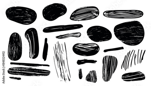 Abstract ink brush stroke set with varied shapes hand drawn outline illustration
