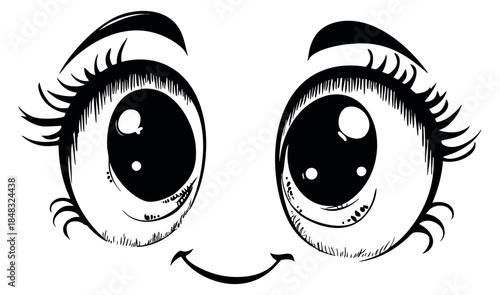 Cute eye character set with eyelashes and smile hand drawn outline illustration