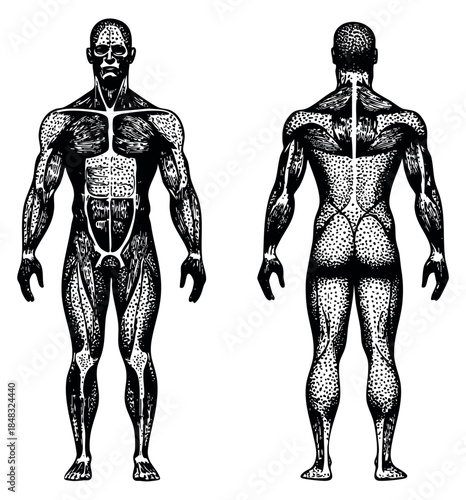 Vintage human anatomy with front and back muscular system black and white sketch vector illustration