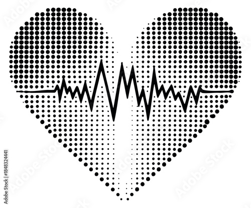 Minimal heart icon set with electrocardiogram pulse halftone dots black and white line art