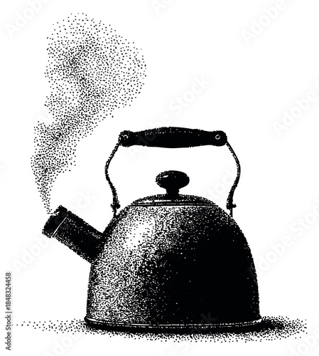 Vintage kettle with steam pointillism vector illustration