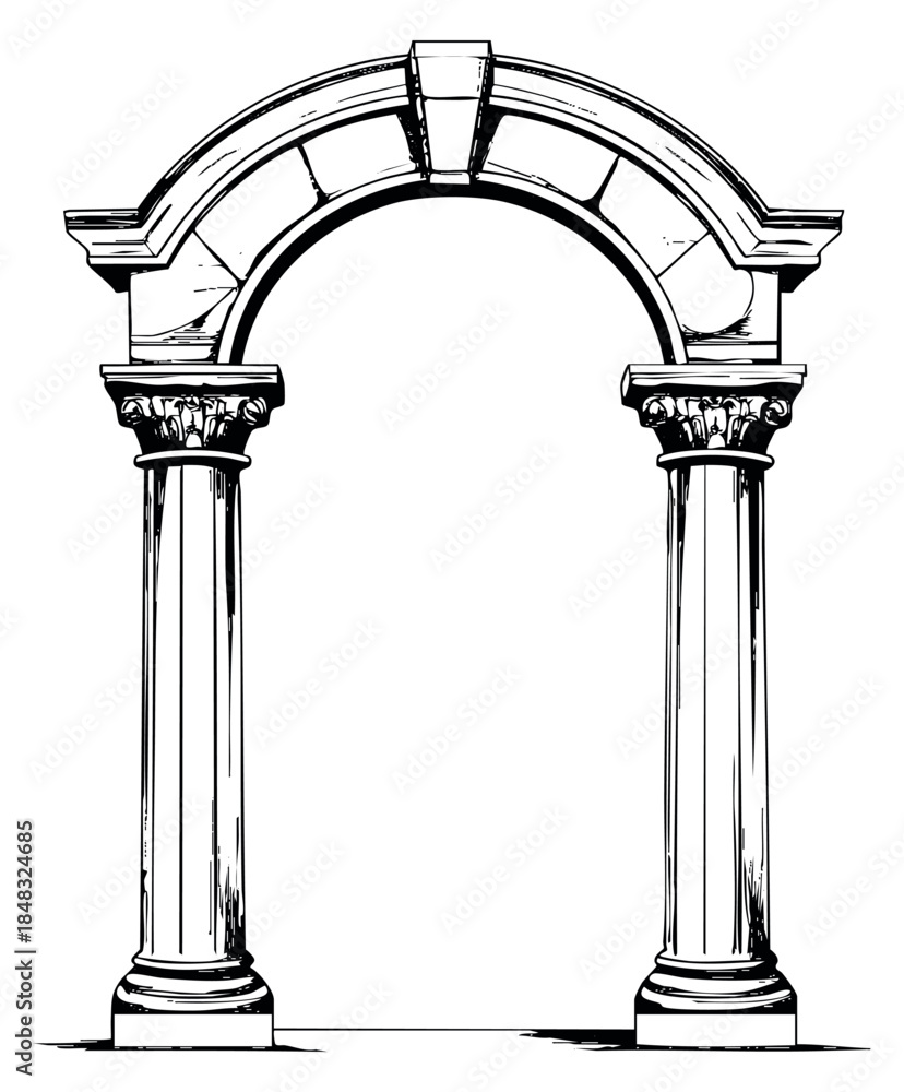 Naklejka premium Vintage arch with columns and keystone black and white line art