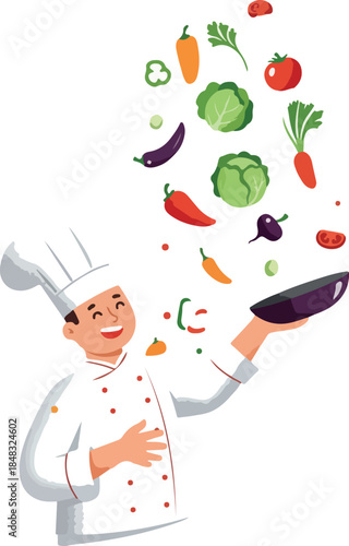 Chef Tosses Fresh Vegetables In The Air From A Frying Pan Flat Design