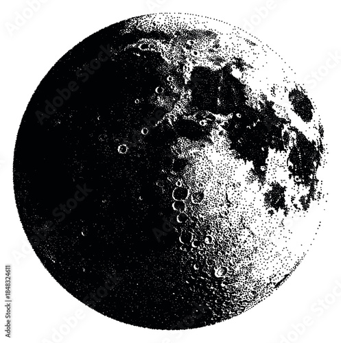 Vintage moon illustration with craters and shadows